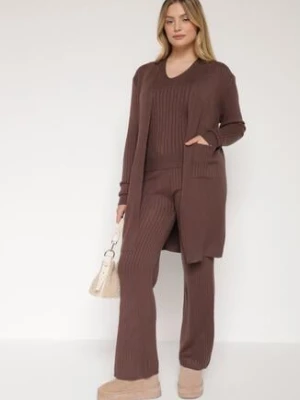 Brązowy Komplet Dzianinowy z Bawełną Spodnie Kamizelka i Długi Kardigan Meviravia