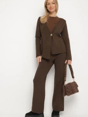 Brązowy Komplet Dzianinowy z Wiskozą Asymetryczny Kardigan i Spodnie Unallea jumelle