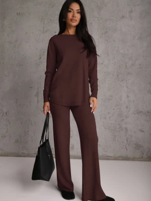 Brązowy Komplet Dzianinowy z Wiskozą Longsleeve i Luźne Spodnie Mirette M&d Fashion