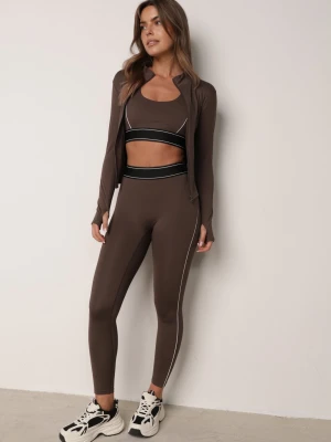Brązowy Komplet Fitnessowy Bluza z Otworami na Kciuki Biustonosz i Legginsy Aday Yu & Me