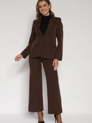 Brązowy Komplet Garniturowy z Wiskozą Marynarka na Guzik i Szerokie Spodnie Tevora