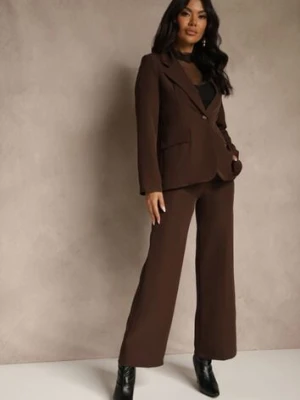 Brązowy Komplet Garniturowy z Wiskozą Spodnie Wide Leg i Marynarka na Guzik Tevrina
