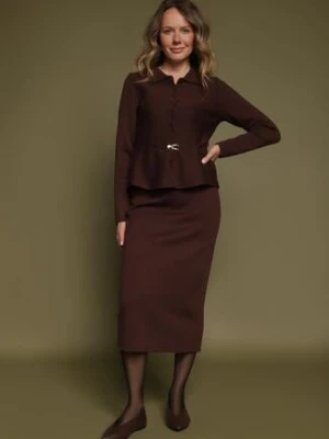 Brązowy Komplet Garsonka z Wiskozą Marynarka z Paskiem i Ołówkowa Spódnica Zaise elsa.m by may