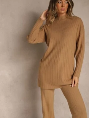 Brązowy Komplet Prążkowany z Bawełną Sweter Oversize i Szerokie Spodnie Wedorena