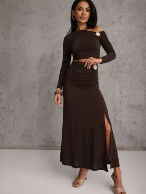 Brązowy Komplet Spódnica i Longsleeve Zdobione Marszczeniami i Aplikacjami Bervessa