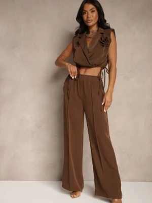Brązowy Komplet Spodnie o Szerokim Kroju i Kopertowa Bluzka ze Ściągaczem Reavilora allyson