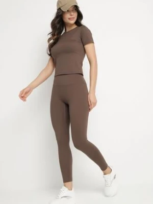 Brązowy Komplet Sportowy Legginsy i Dopasowany T-shirt Silendria