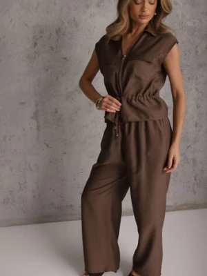 Brązowy Komplet Utility z Wiskozy Spodnie i Bluzka na Suwak ze Ściągaczem Petolira cflo