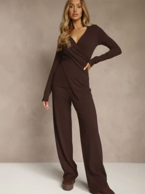 Brązowy Komplet z Bawełny Kopertowa Bluzka Longsleeve i Szerokie Spodnie Amaferia