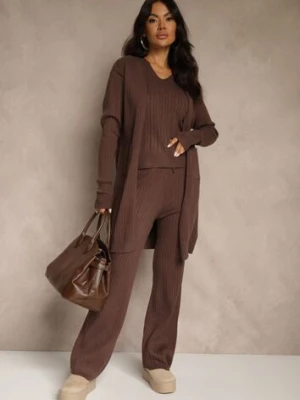 Brązowy Komplet z Dzianiny z Bawełną Spodnie Kamizelka i Długi Kardigan Mevalinia