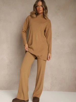 Brązowy Komplet z Dzianiny z Bawełną Spodnie Wide Leg i Sweter Lanneia j&x