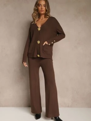 Brązowy Komplet z Dzianiny z Wiskozą Kardigan i Spodnie z Gumką Badrine unigirl