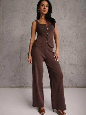 Brązowy Komplet z Dzianiny z Wiskozą Spodnie Wide Leg i Top z Guzikami Merice yu & me