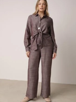 Brązowy Komplet z Lnem i Wiskozą Szerokie Spodnie i Koszula z Wiązaniem Ravilith