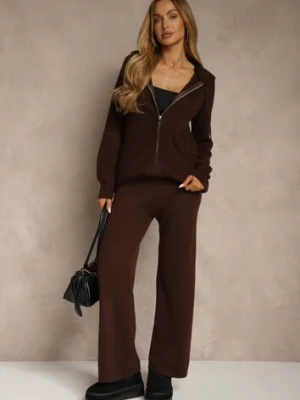 Brązowy Komplet z Wełną i Bawełną Rozpinana Bluza z Kapturem i Szerokie Spodnie Reisema