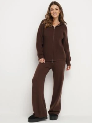 Brązowy Komplet z Wełną i Bawełną Szerokie Spodnie i Rozpinana Bluzka z Kapturem Reikania