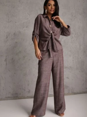 Brązowy Komplet z Wiskozą Bawełną i Lnem Wiązana Koszula i Szerokie Spodnie Ravisela