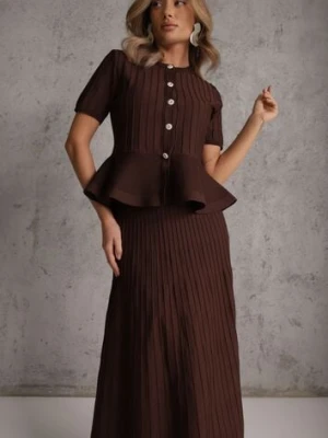 Brązowy Komplet z Wiskozą Bluzka z Guzikami i Baskinką i Spódnica Narinna yu & me