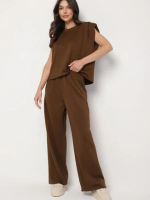 Brązowy Komplet z Wiskozą Koszulka z Usztywnionymi Ramionami i Szerokie Spodnie Nevisari jumelle