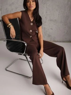 Brązowy Komplet z Wiskozą Szerokie Spodnie i Kamizelka z Aplikacjami 3D Hirimi