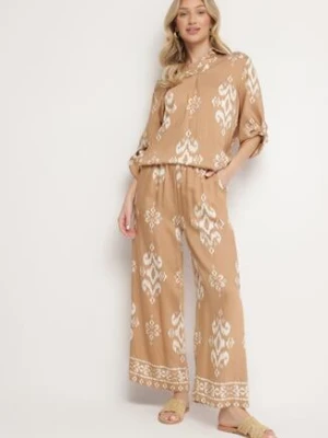 Brązowy Komplet z Wiskozą w Etniczny Wzór Koszula i Spodnie Meporelle m&d fashion