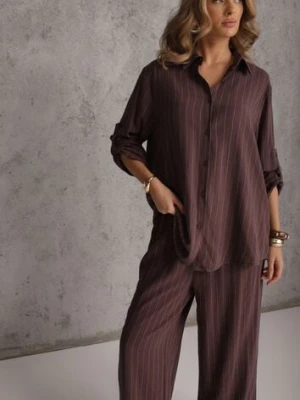 Brązowy Komplet z Wiskozy i Lnu w Delikatne Prążki Koszula i Spodnie Wide Leg Cliffesa m&d fashion