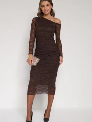 Brązowy Koronkowy Komplet Dopasowana Spódnica i Bluzka na Jedno Ramię Calonara