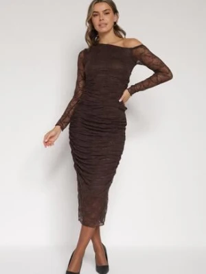 Brązowy Koronkowy Komplet Dopasowana Spódnica i Bluzka na Jedno Ramię Calonara