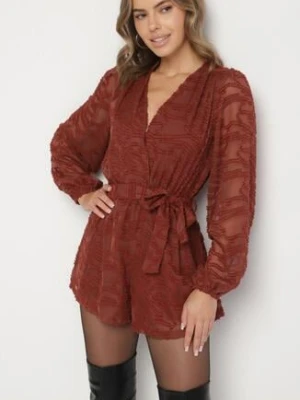 Brązowy Krótki Kombinezon z Siateczkowymi Rękawami i Wiązanym Paskiem Zenalea retro & icone