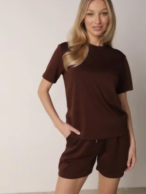 Brązowy Letni Komplet z Bawełny i Wiskozy T-shirt i Szorty Celinai yu & me