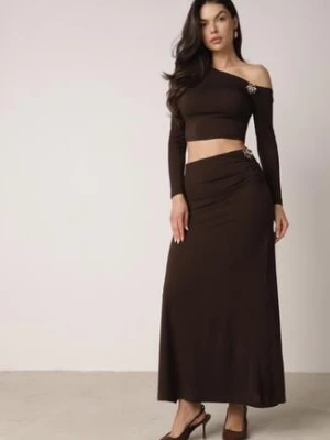 Brązowy Marszczony Komplet z Kwiatowymi Aplikacjami Bluzka i Spódnica Bervisse