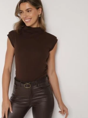 Brązowy Marszczony Top z Bawełny i Wiskozy z Półgolfem Zetalia