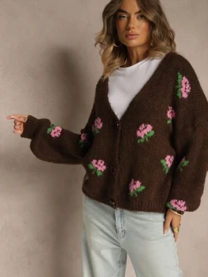 Brązowy Oversizowy Kardigan z Dodatkiem Wełny w Kwiaty Nelenesa jumelle