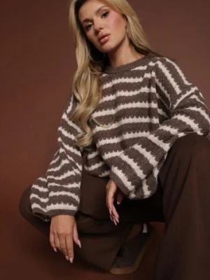 Brązowy Oversizowy Sweter w Paski z Dzianiny z Wełną i Wiskozą Aventole jumelle
