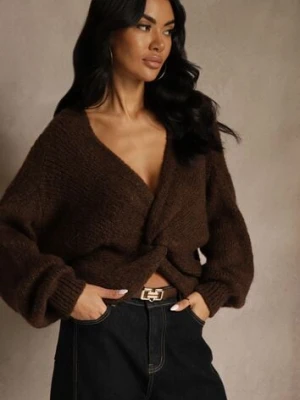 Brązowy Oversizowy Sweter z Dodatkiem Wełny Zdobiony Węzłem Lawedana