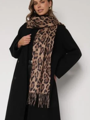 Brązowy Panterkowy Szalik z Wiskozy Zakończony Frędzlami Ferinda