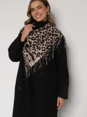 Brązowy Panterkowy Szalik z Wiskozy Zdobiony Frędzlami Ferenea