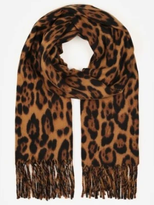 Brązowy Panterkowy Szalik z Wiskozy Zdobiony Frędzlami Ferialda