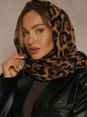 Brązowy Panterkowy Szalik z Wiskozy Zdobiony Frędzlami Ferialda