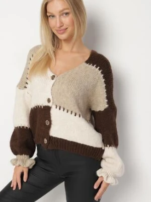 Brązowy Patchworkowy Kardigan Oversize na Guziki z Falbanką na Rękawach i Wełną Atevita jumelle