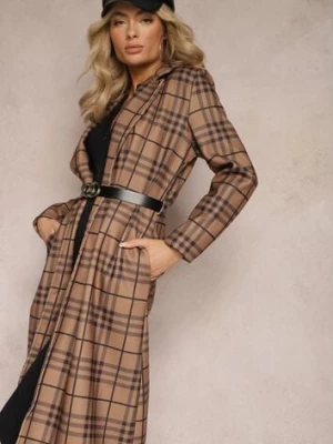 Jasnobrązowy Płaszcz Długi w Geometryczny Wzór z Paskiem Charlo lily rose