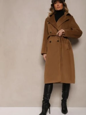 Brązowy Płaszcz Dwurzędowy o Długim Kroju Ozdobiony Paskiem Senadriel j.style
