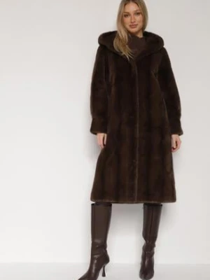 Brązowy Płaszcz Futerko w Pionowy Wzór z Kapturem Cahroris