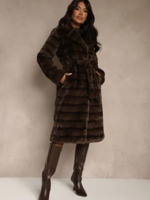 Brązowy Płaszcz Futerko z Dodatkowym Wiązanym Paskiem Alinella melya by melody