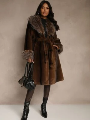 Brązowy Płaszcz Futerko z Paskiem z Ozdobnym Kołnierzem i Mankietami Tiobella ann gissy