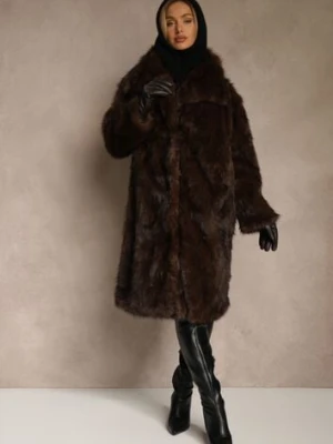 Brązowy Płaszcz Futro o Jednorzędowym Kroju z Szerokim Kołnierzem Aweda belcci