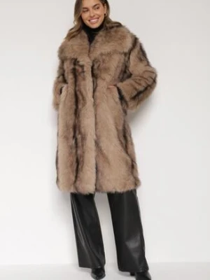 Brązowy Płaszcz Futro z Szerokim Kołnierzem i Kieszeniami Ezinda
