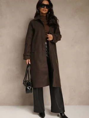 Brązowy Płaszcz Jednorzędowy z Wiskozą i Wełną Typu Trencz Maitila yu & me
