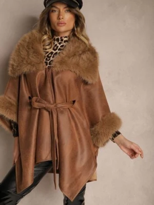 Brązowy Płaszcz Ozdobiony Futerkiem z Wycięciami Wiązany w Pasie Toriadia yu & me