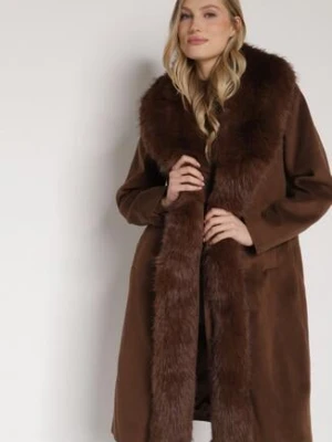Brązowy Płaszcz Ozdobiony Odpinanym Futerkiem Lianossa